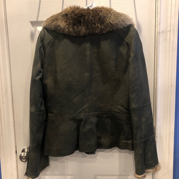 Danier Green Leather Fur Collar Insulated Jacket L 🎄 - Picture 2 of 12